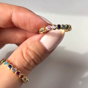 Rainbow Stacking Ring, 14k Gold Bezel Eternity Rainbow Ring, Pride ring, Birthstones Eternity Ring, Rainbow Band Gold, Multicolor Ring image 2