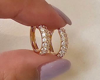 Double Diamond Huggie Gold Hoops, Gold Cz Huggies, Two Diamond Row Pave Huggie, Small Diamond Huggie, 14k Gold Earring Sterling Silver