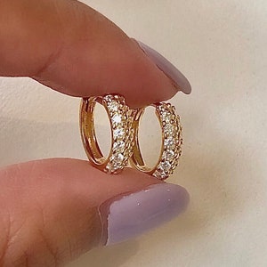 Double Diamond Huggie Gold Hoops, Gold Cz Huggies, Two Diamond Row Pave Huggie, Small Diamond Huggie, 14k Gold Earring Sterling Silver