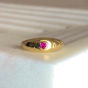 Dainty Pink Heart CZ Stone Signet Ring, Ruby Heart Pinky Ring, Heart Birthstone Dome Ring, 18K Gold Plated Women Signet, Small Dome PaveRing