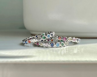Silver Rainbow Ring, Sterling Silver Full Eternity Rainbow Ring, Bezel ring, Rainbow Band Silver, Multicolor ring, Stack rainbow ring