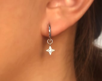 Tiny Four Leaf flower Hoop Earrings, Clover flower Huggie, Elegant clover flower dangling Hoop Earrings, Delicate Four-leaf clover earrings