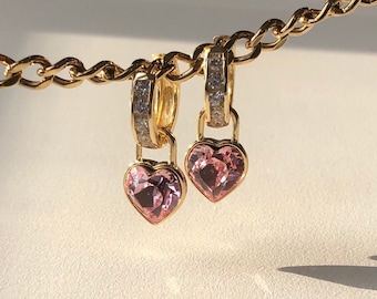 Crystal Heart PadLock Charm Earrings, Crystal Heart Earrings Thick CZ Huggies, Korean Pink Heart Earring, Sailor Moon Gold Pink Heart Huggie