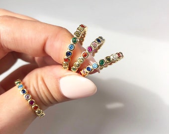 Rainbow Stacking Ring, 14k Gold Bezel Eternity Rainbow Ring, Pride ring, Birthstones Eternity Ring, Rainbow Band Gold, Multicolor Ring