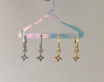 Tiny Gold Star Earring Earrings, Flower Earrings, Four Pedal flower dangling Hoop Earrings, Kawaii earrings, Northstar Earring
