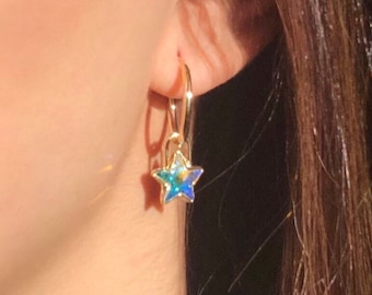 Swarovski Crystal Star PadLock Charm Hoop Earrings 14k Gold Plated, Gold Star Padlock, Crystal Star Padlock, Star Lock Earrings