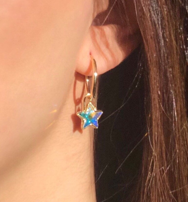 Swarovski Crystal Star Padlock Charm Hoop Earrings 14k Gold - Etsy