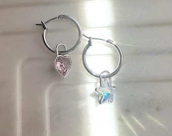 Kpop Demon Hunter Earring Silver, Swarovski Crystal Heart and Star Mismatched PadLock Charm Hoop Earrings, Heart Huggies, colorful Jewelry