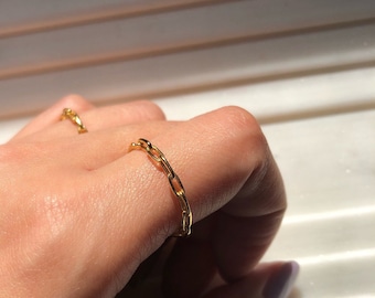 Paperclip Dainty Chain Link Ring 18K Gold Plated, Gold Chain Ring, Statement Link Chain Ring, Rectangular Gold Ring, Long link Ring