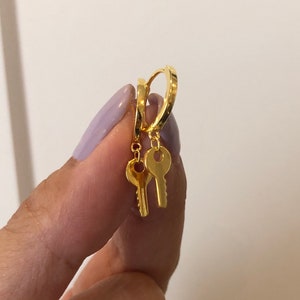 Gold Key Earrings, Tiny Key Earrings, Key Earrings, Small Key Earrings, Dainty Key hoops, Gold Key Earring, 18K Gold Plated Sterling Silver