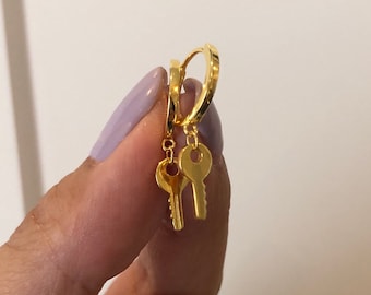 Gold Key Earrings, Tiny Key Earrings, Key Earrings, Small Key Earrings, Dainty Key hoops, Gold Key Earring, 18K Gold Plated Sterling Silver