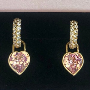 Herz Padlock Charme Ohrringe, Rosa Herz Kristall Ohrringe, Rosa Herz Huggies, Herz Schmuck, Rosa Herz Ohrringe