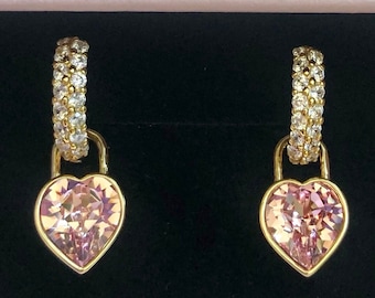 Heart PadLock Charm Earrings, Pink Heart Crystal Earrings, Pink Heart Huggies, Heart jewelry, Pink heart earrings