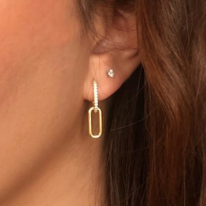 Gold Chain Link Pave Hoops Earrings, Paperclip link earrings 18K Gold Plated Sterling Silver, Rectangle hoop Earrings, Elongated earring