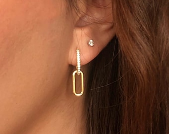 Gold Chain Link Pave Hoops Earrings, Paperclip link earrings 18K Gold Plated Sterling Silver, Rectangle hoop Earrings, Elongated earring