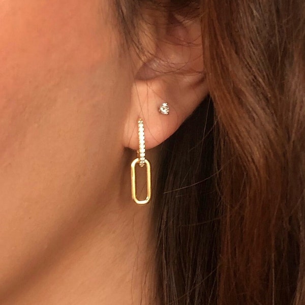 Gold Chain Link Pave Hoops Earrings, Paperclip link earrings 18K Gold Plated Sterling Silver, Rectangle hoop Earrings, Elongated earring