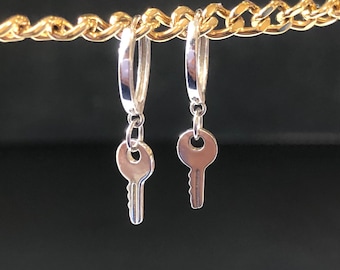 Silver Dainty Key Huggie Hoops Earrings, 18K Gold Plated Sterling Silver, Key Earrings, Tiny Key Earrings, Small Key Earrings
