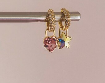 Crystal Heart and Star Mismatched PadLock Charm Earrings, Crystal Earrings Heart w/ Pave Huggies, Star Huggies, colorful y2k Jewelry Gold