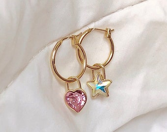Barbie and Ken Earring, Swarovski Crystal Heart and Star Mismatched PadLock Charm Hoop Earrings, Heart Huggies, colorful Jewelry