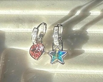 Crystal Star PadLock Charm Earrings, Crystal Star Earrings Thick CZ Huggies, Korean Blue Star Earring, Sailor Moon Gold Pink Heart Huggie