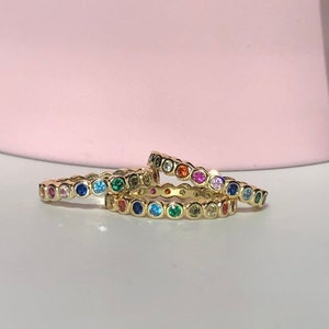 Rainbow Stacking Ring, 14k Gold Bezel Eternity Rainbow Ring, Pride ring, Birthstones Eternity Ring, Rainbow Band Gold, Multicolor Ring image 9