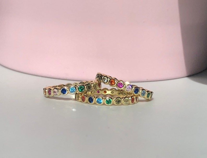 Rainbow Stacking Ring, 14k Gold Bezel Eternity Rainbow Ring, Pride ring, Birthstones Eternity Ring, Rainbow Band Gold, Multicolor Ring image 9