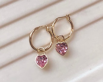 Barbie Heart Earrings, Barbie Crystal Heart PadLock Drop Hoop Earrings, 14k Gold Plated, Pink Heart Gold Padlock, Crystal Heart Padlock,