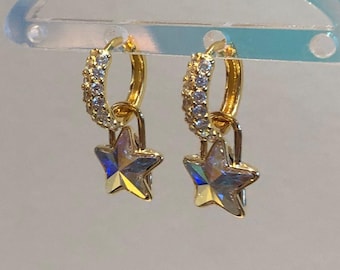 Holiday Star Earrings, Blue Star Earring, Blue Crystal Star Charm Earrings, Crystal Earrings, Star AB Huggies, Celestial Jewelry,