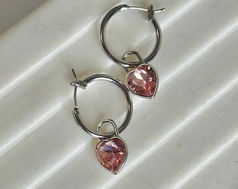 Barbie Heart Earrings, Barbie Crystal Heart PadLock Drop Hoop Earrings, Silver Heart Earing, Pink Heart Gold Padlock, Crystal Heart Padlock,