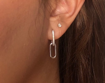 Silver Chain Link Pave Hoops Earrings, Paperclip link earrings 18K Gold Plated Sterling Silver, Rectangle hoop Earrings, Elongated earring