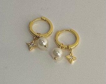 Pearl Earring, Mini Star Charm Earrings, Gold Tiny Pearl Huggies, Double Charm Starburst Earrings, J'adore Earring