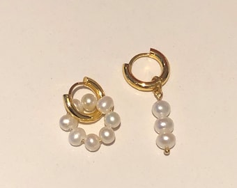 Mismatched Pearl Gold Earrings, Asymmetrical Pearl Drop Earring, Small Freshwater Pearl Gold Earrings, Long dangle earrings, Gift for her