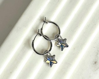 Swarovski Crystal Star PadLock Charm Hoop Earrings Silver Plated, Silver AB Star Padlock, Crystal Star Padlock, Star Lock Earrings