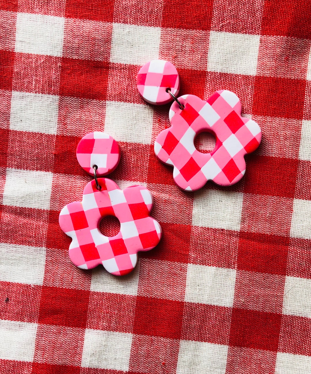 Handmade Pink Gingham Polymer Clay Flower Earrings Etsy UK
