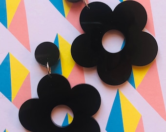 Large flower power earrings black acrylic - 60s mod fashion unique statement jewellery 7cm