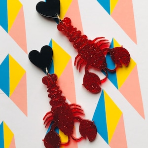 Large LOBSTER laser cut acrylic red glitter dangle earrings tacky festival wear kitsch retro style 7cm