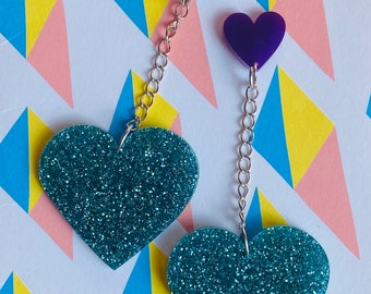 Large green glitter & purple HEART earrings laser cut acrylic dangle earrings tacky festival wear kits