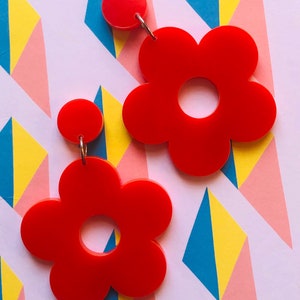 Large flower power earrings red acrylic - 60s mod fashion summer unique statement jewellery 7cm