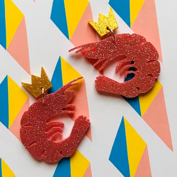 Large king prawn MERMAID earrings laser cut acrylic pink heart dangle earrings  tacky festival wear kitsch retro style
