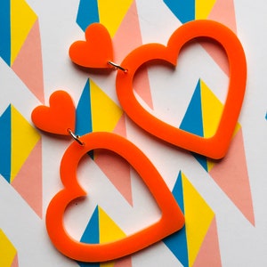 XL HEART outline earrings dangle earrings laser cut bright orange acrylic love heart  dangle earrings tacky 7cm