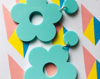 Large flower power earrings pastel blue acrylic - 60s fashion unique statement jewellery 7cm