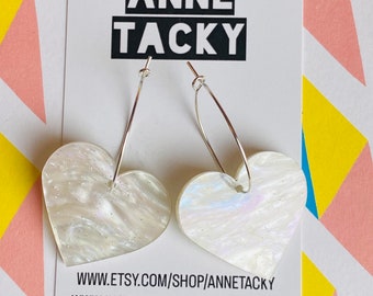 LOVE heart shimmering white glitter and pastel hoop earrings laser cut acrylic dangle earrings statement earrings