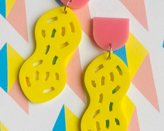 GIANT PEANUT earrings - studs - pink & yellow acrylic - spring summer fashion unique statement jewellery 8x3cm