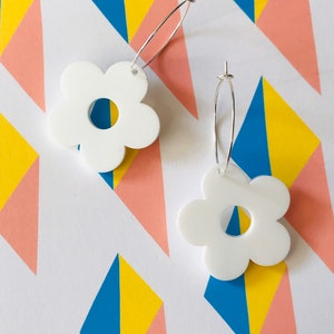 White flower hoop earrings laser cut acrylic  dangle earrings statement earrings minamilist