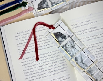 Bookmark Female Figure Drawing on Vintage Books - Custom Gold Accents - Fine Art - Book Lovers - Reading - Woman