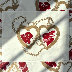 Rabbit Heart Locket Linocut Print- "Forget-Me-Not", Limited Edition Original Handprinted Relief Block Print