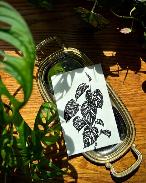 Monstera Adansonii Linocut Print - Houseplant Art - Swiss Cheese Plant - Botanical Prints - Printmaking Art - Handmade