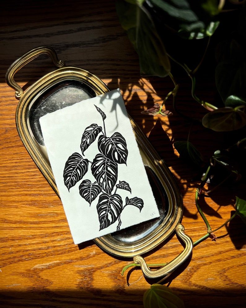 K&ouml;nnte beinhalten: Ein Schwarz-Wei&szlig;-Druck einer Monstera-Pflanze auf wei&szlig;em Hintergrund. Der Druck befindet sich auf einem silbernen Tablett mit goldfarbenem Rand.