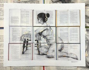 Female Figure Drawing on Vintage Books Signed 11 x 14 Art Print - Custom Gold Accents - Fine Art - Natural Hemp Paper - Reading - Woman