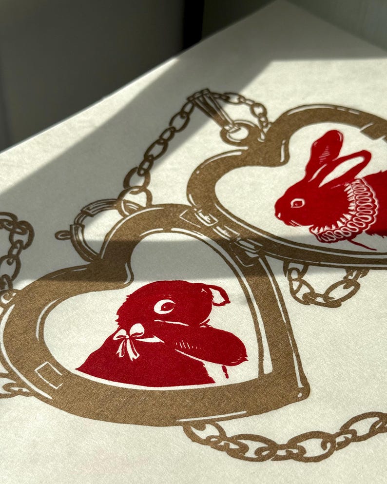 Heart Locket Patterns Rabbit Heart Locket Linocut Print-